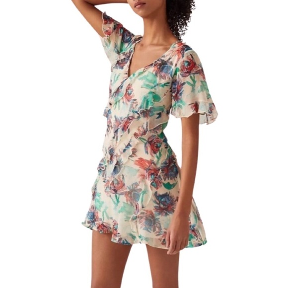 Anthropologie Dresses & Skirts - ANTHROPOLOGIE • Watercolor Floral Ruffle Strappy Back Mini Dress